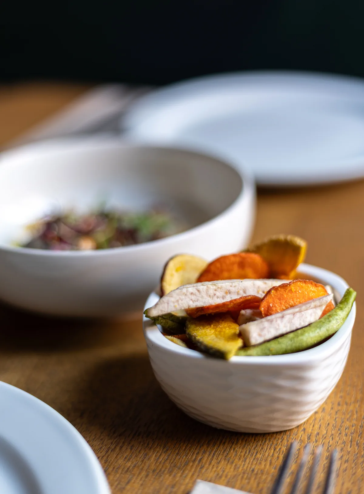 Small bowl of grilled vegetables and chicken, with a salad bowl out of focus behind